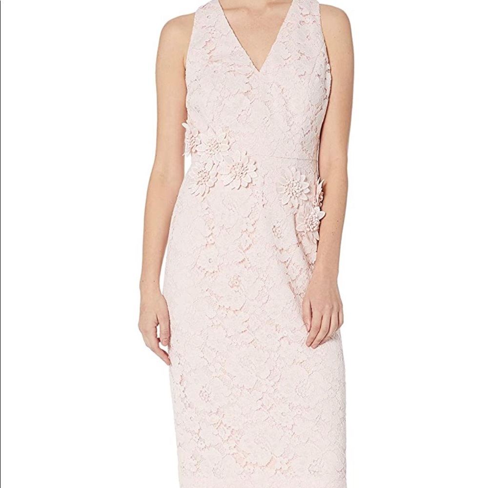 Maggy London Rose Garden blush pink lace flowered sheath dress